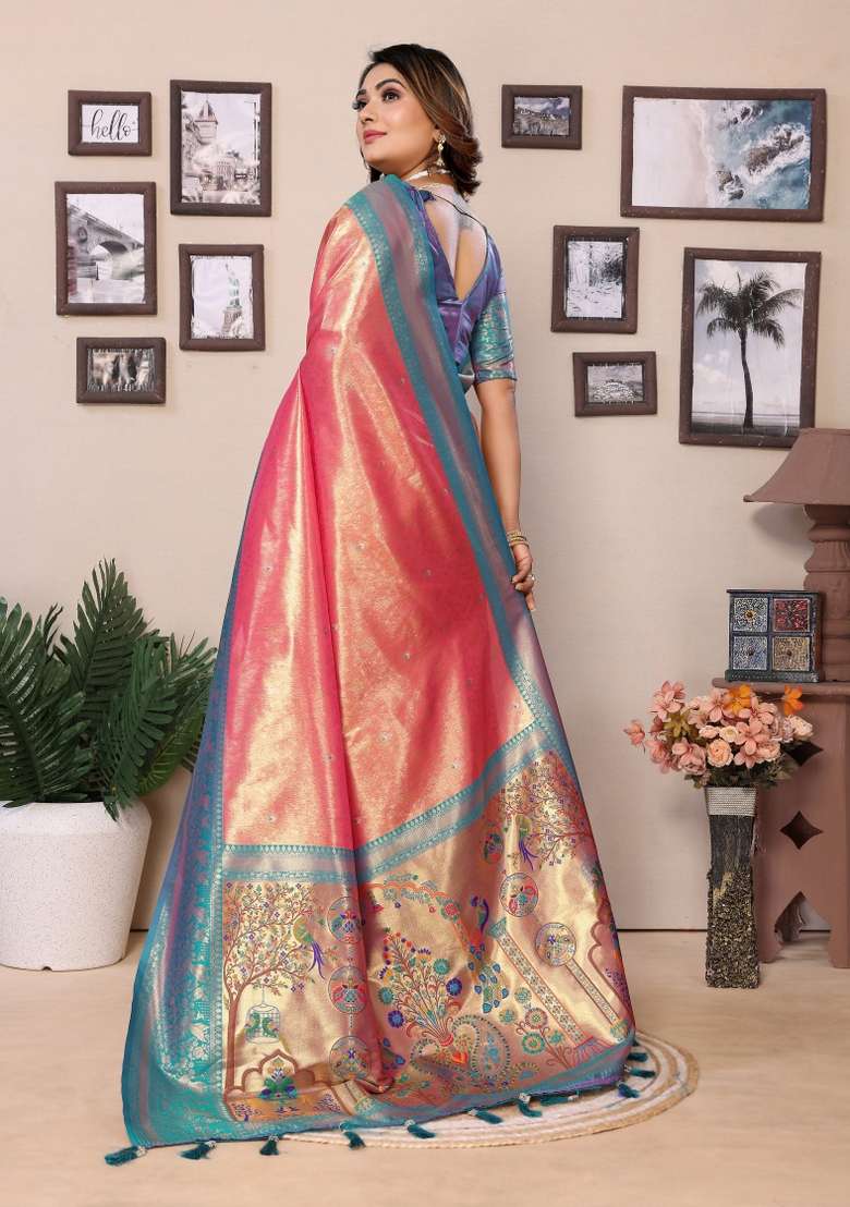 Blue Zari Woven Silk Blend Saree Set for Diwali | Wedding & Festive Wear - Indya