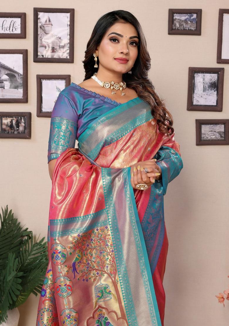 Blue Zari Woven Silk Blend Saree Set