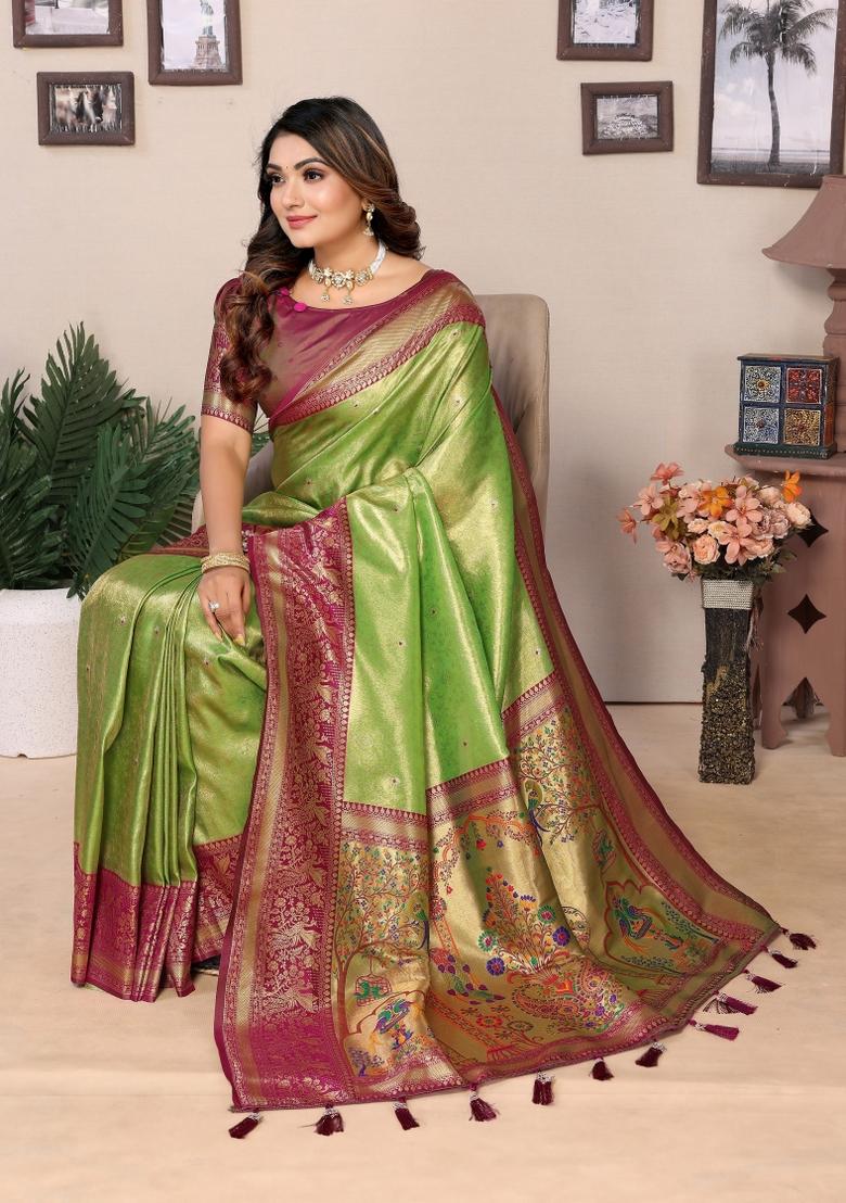 Burgundy Zari Woven Silk Blend Saree Set