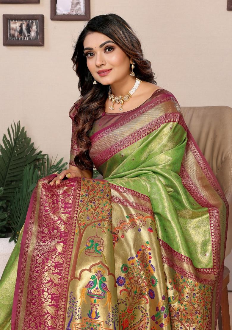 Burgundy Zari Woven Silk Blend Saree Set