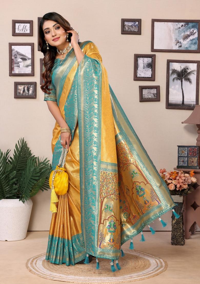 Sea Green Zari Woven Silk Blend Saree Set