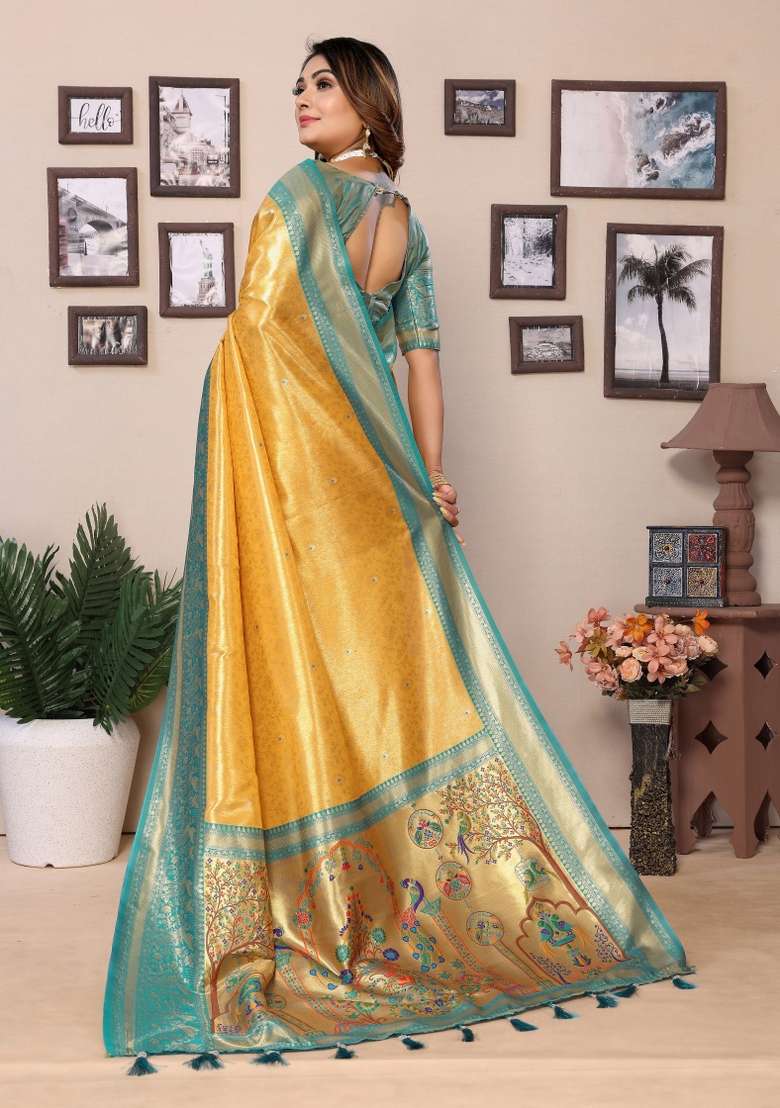 Sea Green Zari Woven Silk Blend Saree Set for Diwali | Wedding & Festive Wear - Indya