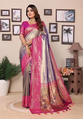 Pink Zari Woven Silk Blend Saree Set