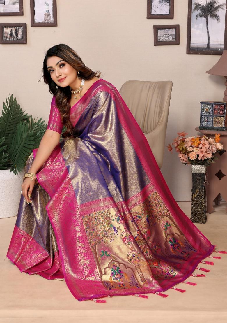 Pink Zari Woven Silk Blend Saree Set