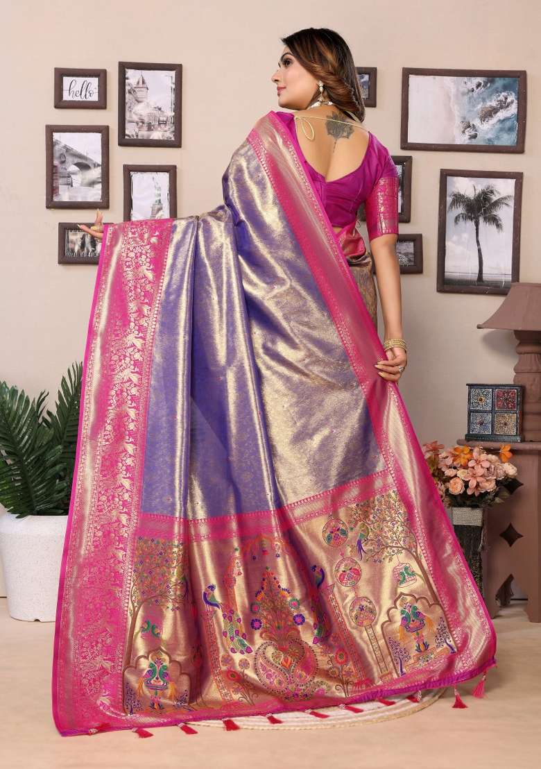 Pink Zari Woven Silk Blend Saree Set for Diwali | Wedding & Festive Wear - Indya
