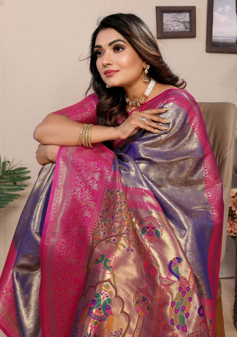 Pink Zari Woven Silk Blend Saree Set