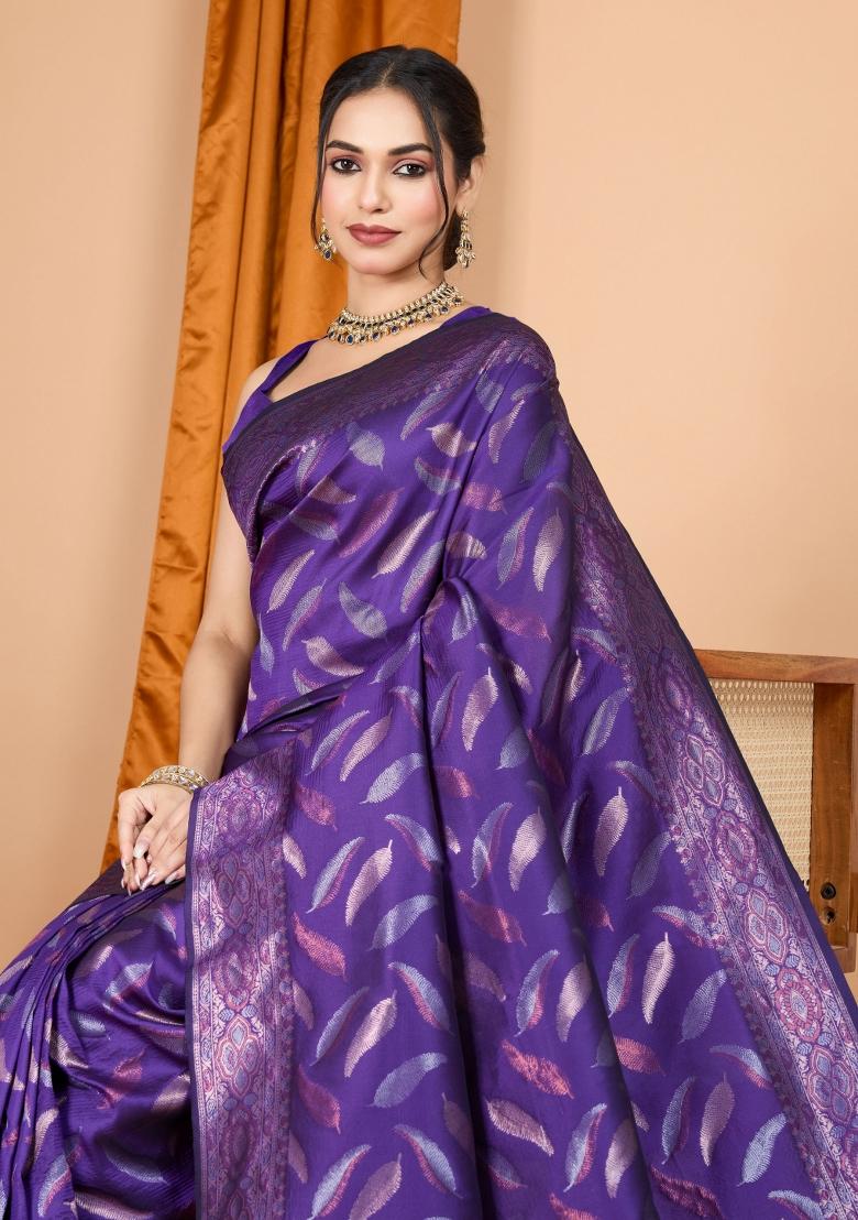 Lavender Zari Woven Silk Blend Saree Set