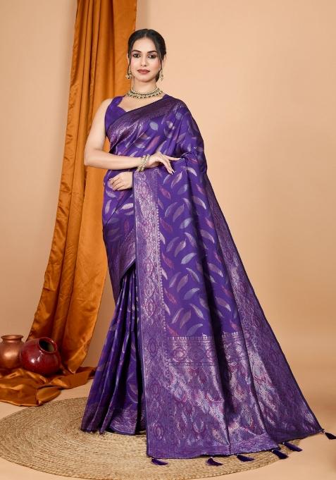 Lavender Zari Woven Silk Blend Saree Set
