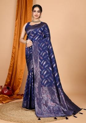 Navy Blue Zari Woven Silk Blend Saree Set