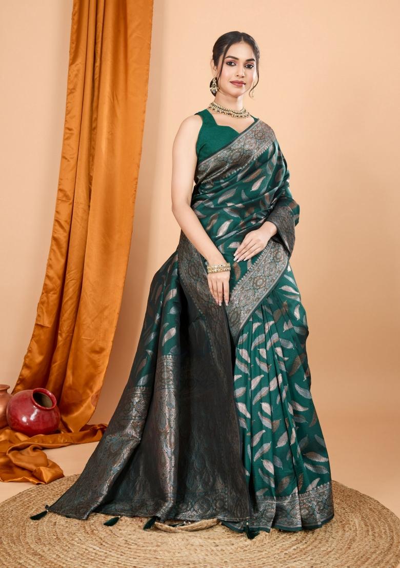 Green Zari Woven Silk Blend Saree Set