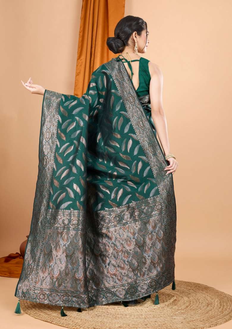 Green Zari Woven Silk Blend Saree Set for Diwali | Wedding & Festive Wear - Indya
