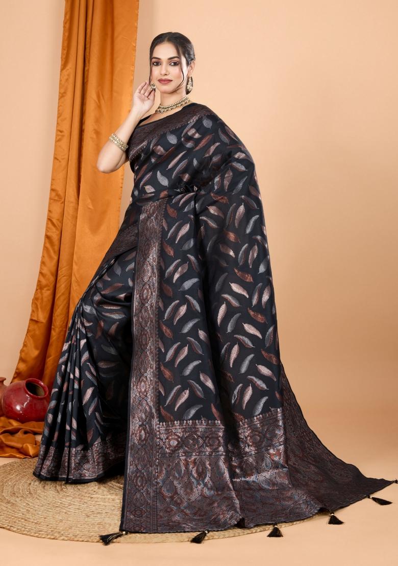Black Zari Woven Silk Blend Saree Set