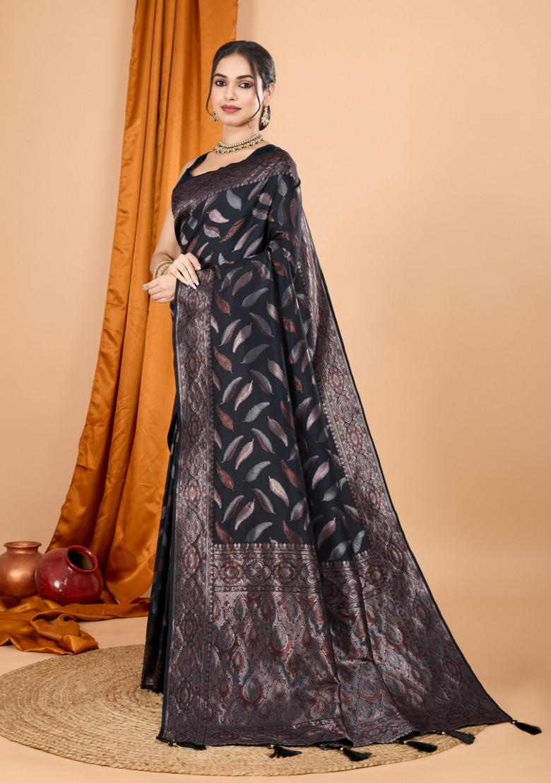 Black Zari Woven Silk Blend Saree Set