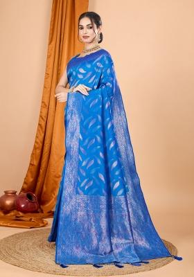 Blue Zari Woven Silk Blend Saree Set