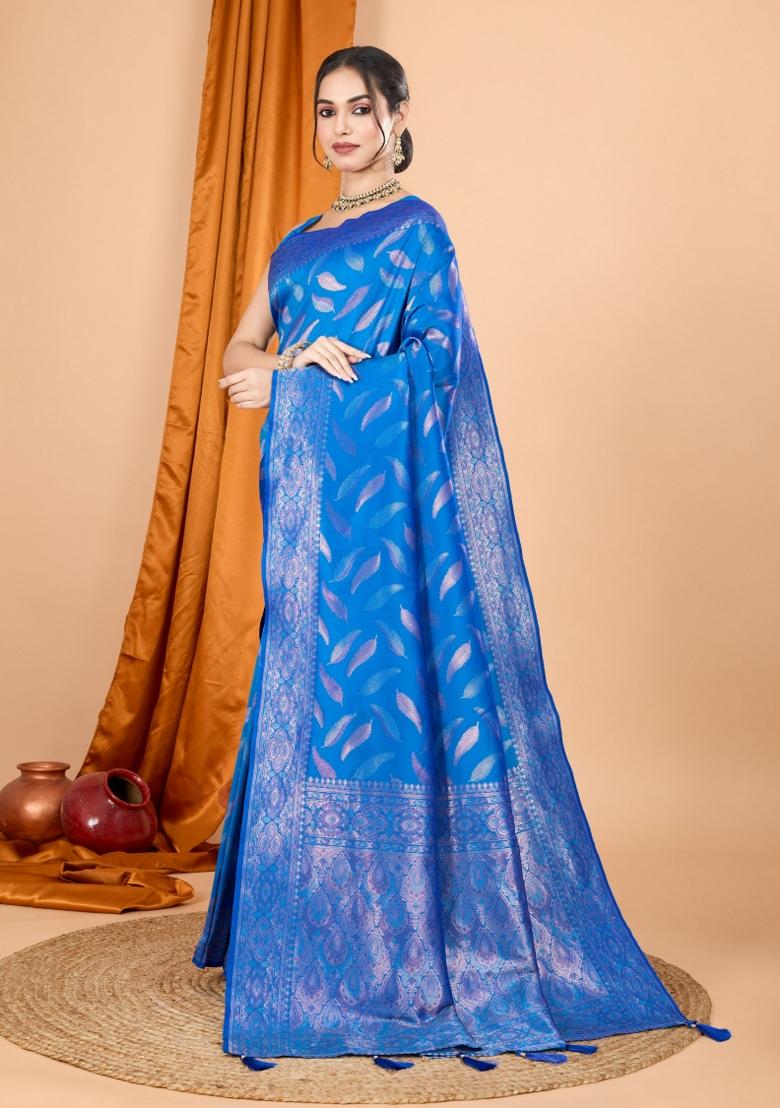 Blue Zari Woven Silk Blend Saree Set
