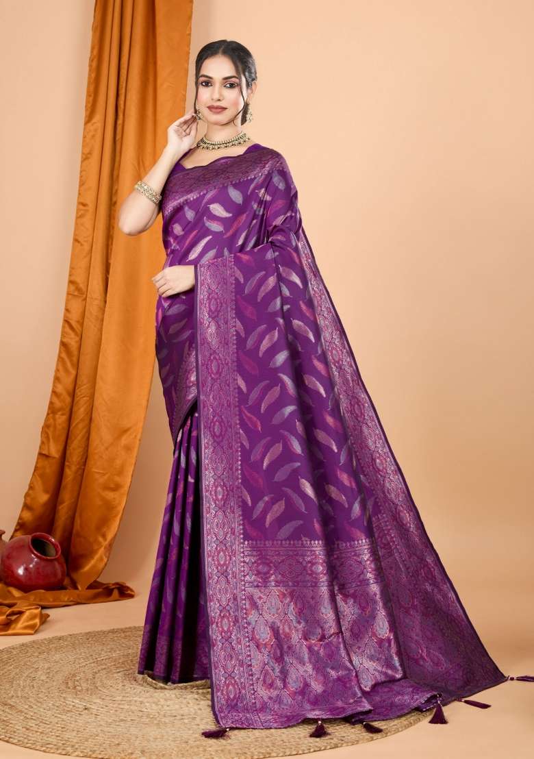 Purple Zari Woven Silk Blend Saree Set for Diwali | Wedding & Festive Wear - Indya