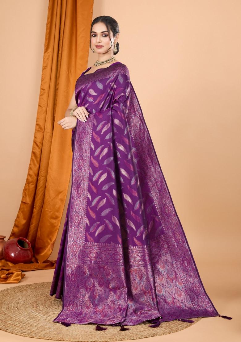 Purple Zari Woven Silk Blend Saree Set