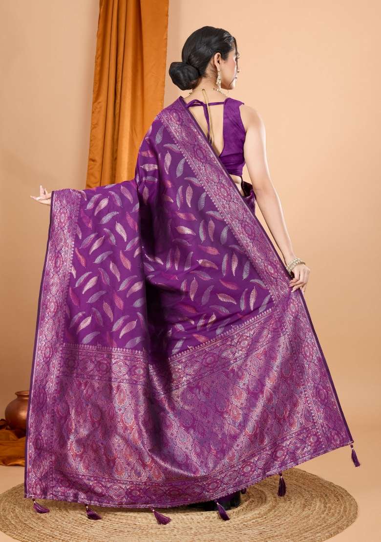 Purple Zari Woven Silk Blend Saree Set for Diwali | Wedding & Festive Wear - Indya