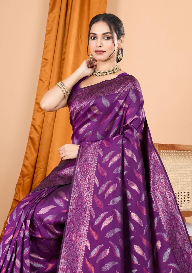 Purple Zari Woven Silk Blend Saree Set