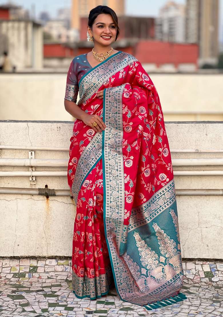 Teal Blue Zari Woven Silk Blend Saree Set for Diwali | Wedding & Festive Wear - Indya