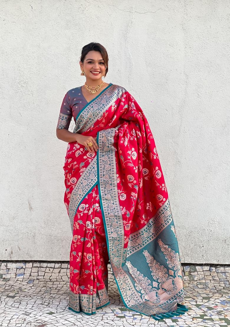 Teal Blue Zari Woven Silk Blend Saree Set