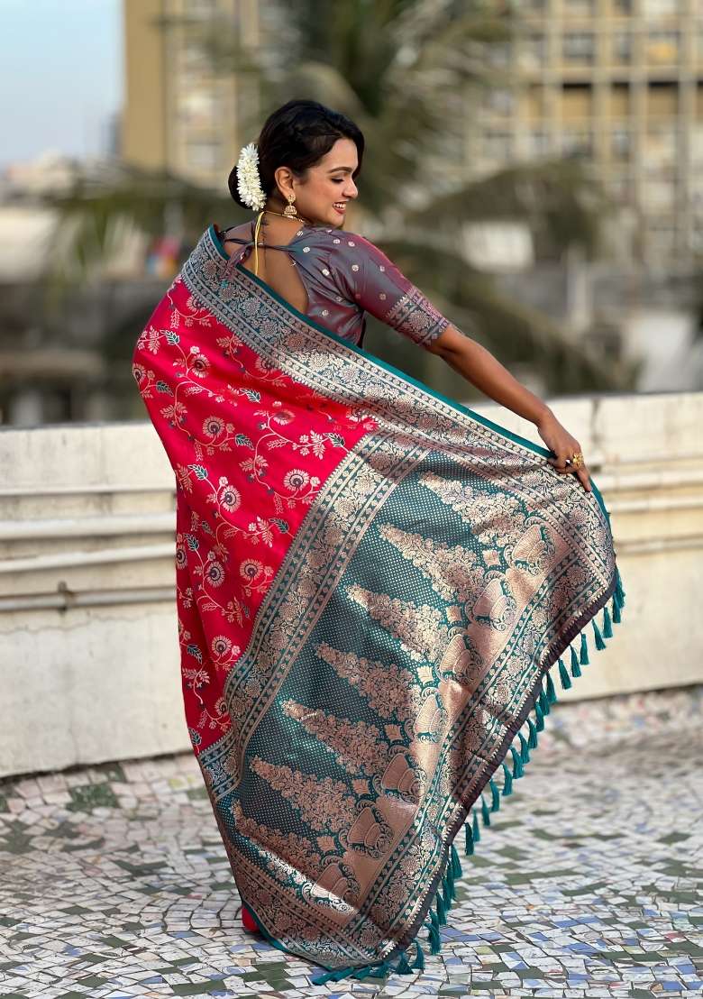 Teal Blue Zari Woven Silk Blend Saree Set for Diwali | Wedding & Festive Wear - Indya