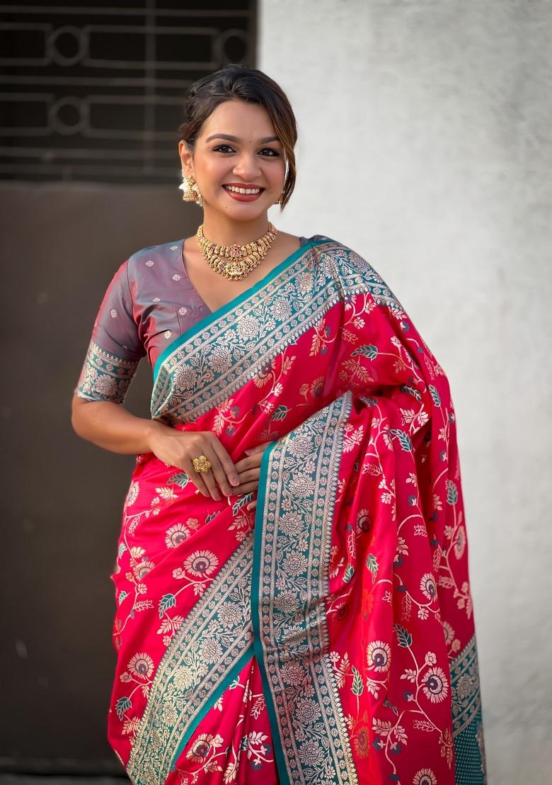 Teal Blue Zari Woven Silk Blend Saree Set