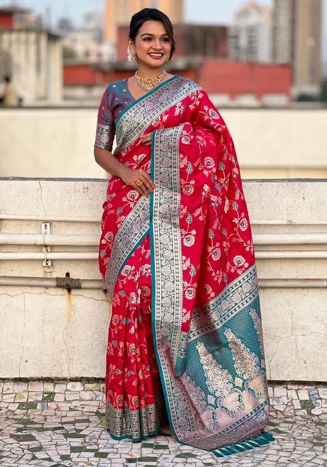 Teal Blue Zari Woven Silk Blend Saree Set