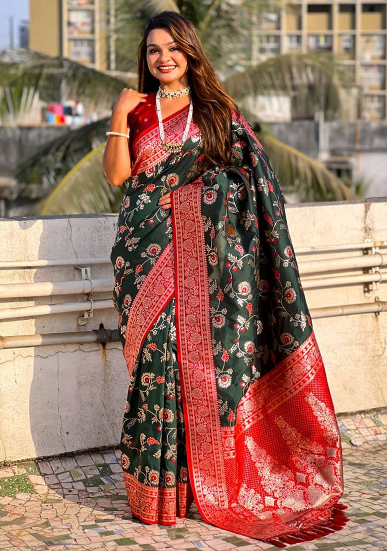Red Zari Woven Silk Blend Saree Set for Diwali | Wedding & Festive Wear - Indya