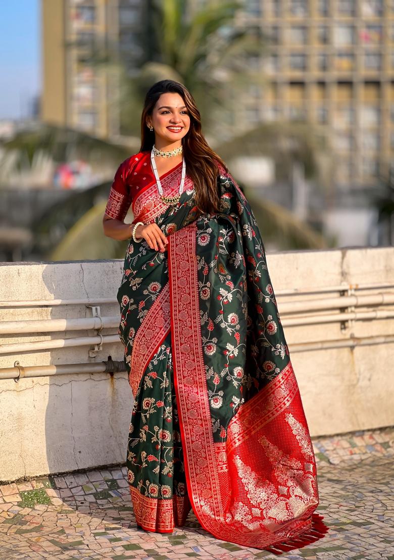 Red Zari Woven Silk Blend Saree Set