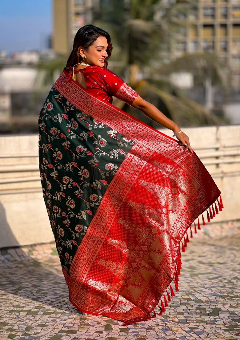 Red Zari Woven Silk Blend Saree Set for Diwali | Wedding & Festive Wear - Indya