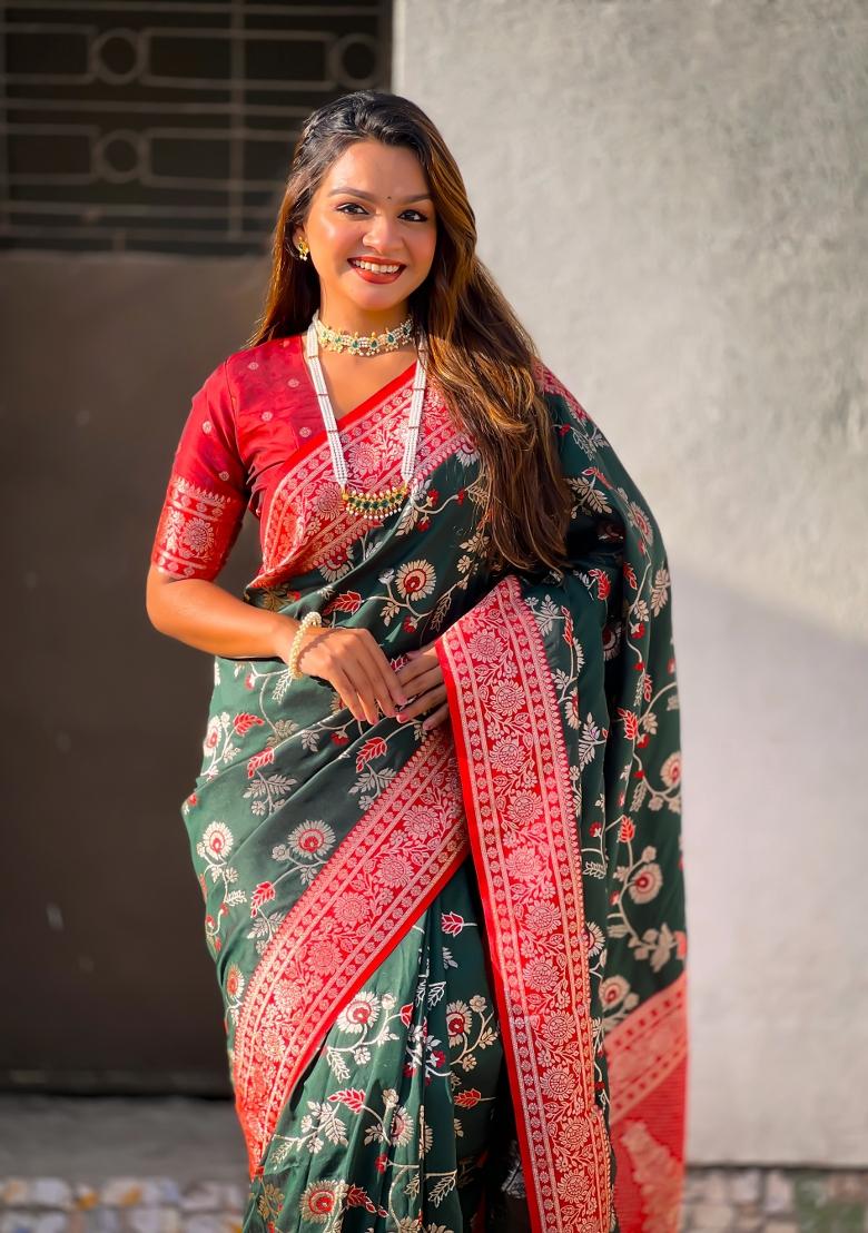 Red Zari Woven Silk Blend Saree Set
