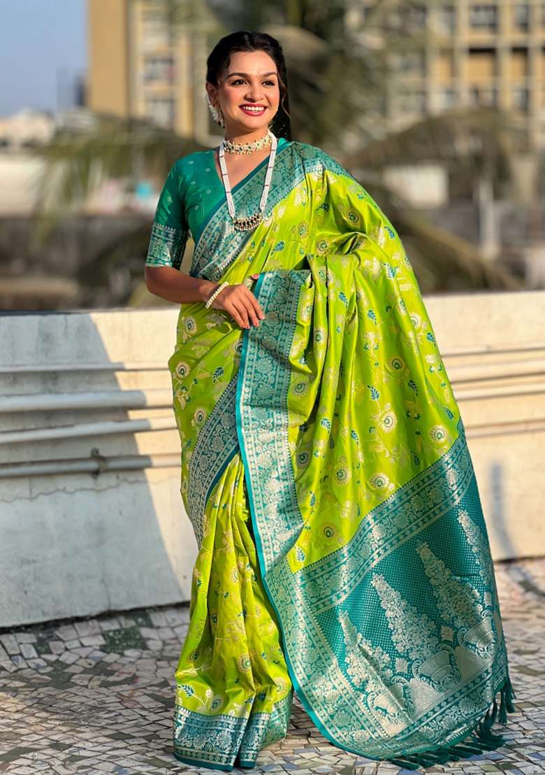 Sea Green Zari Woven Silk Blend Saree Set - Indya