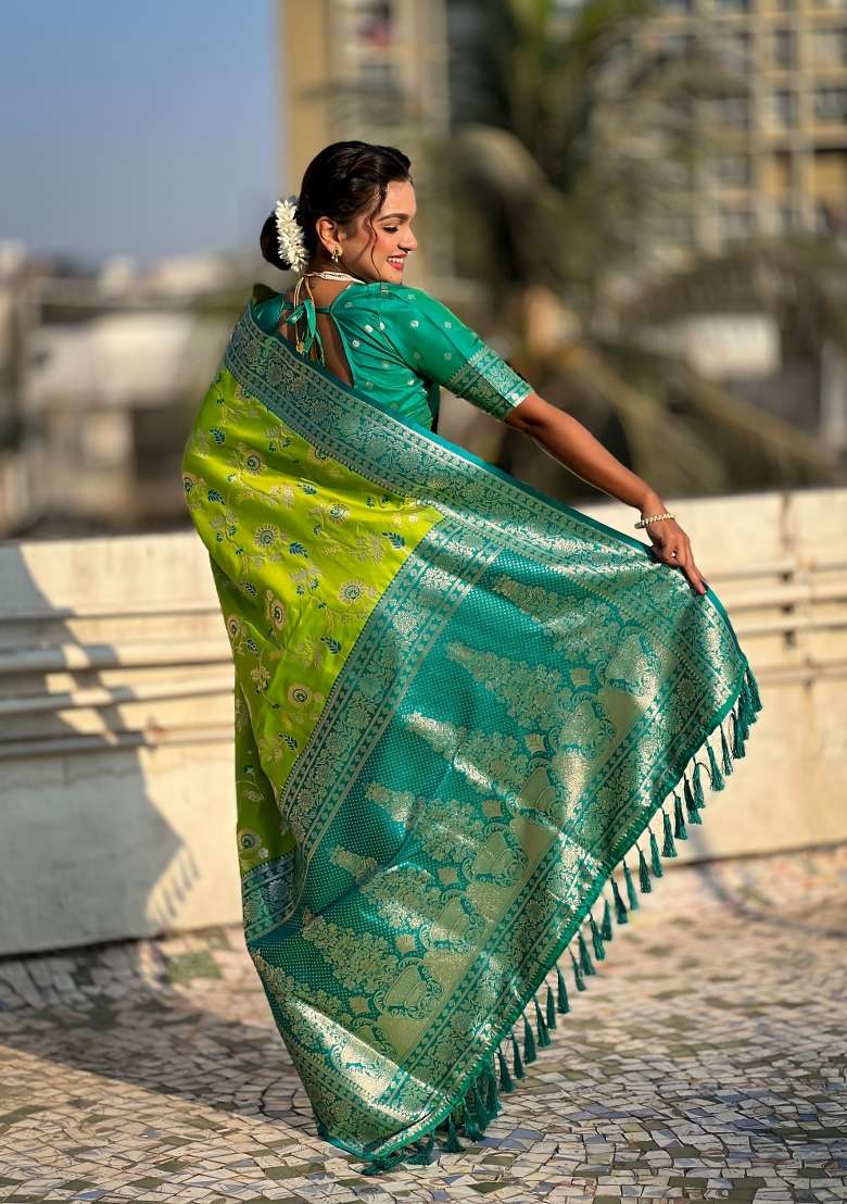 Sea Green Zari Woven Silk Blend Saree Set - Indya