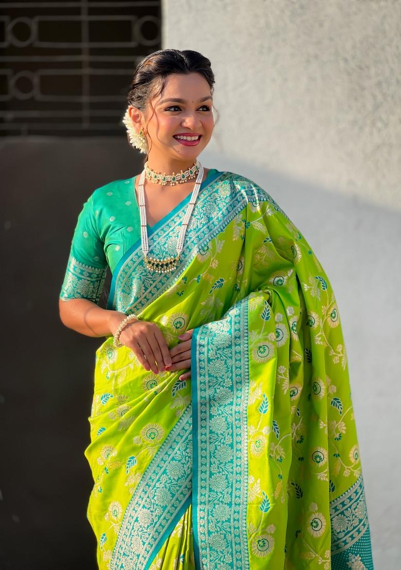 Sea Green Zari Woven Silk Blend Saree Set
