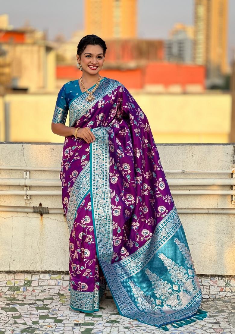 Blue Zari Woven Silk Blend Saree Set