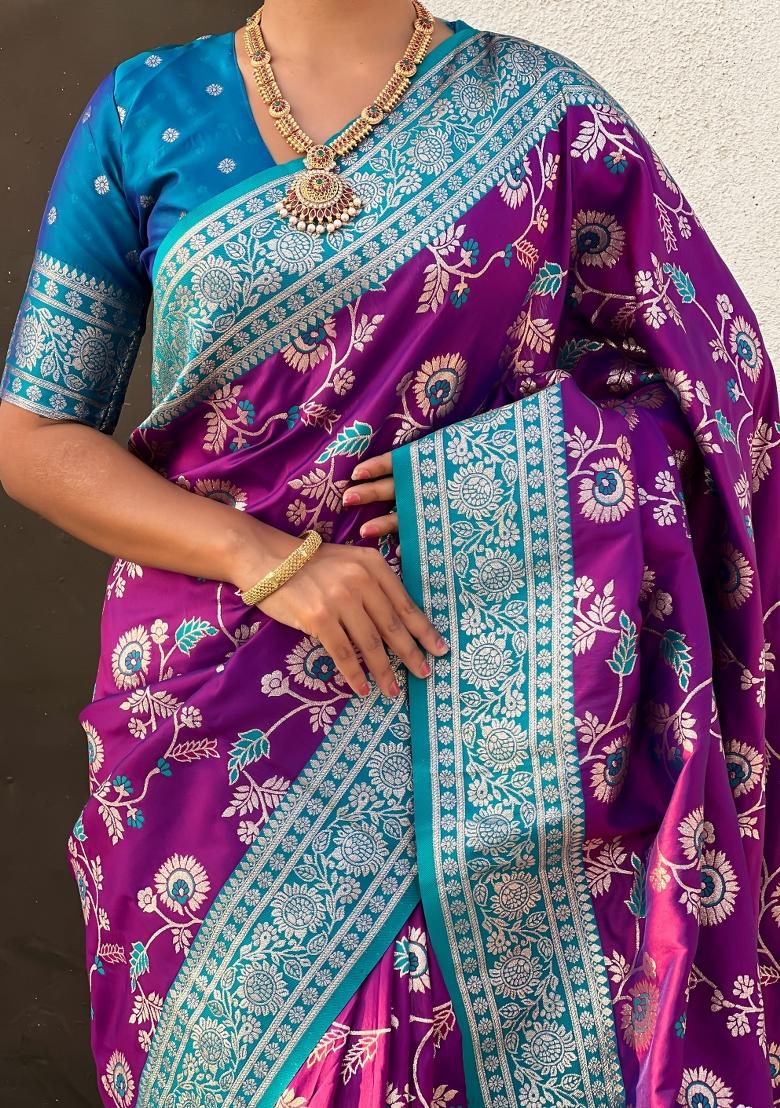 Blue Zari Woven Silk Blend Saree Set