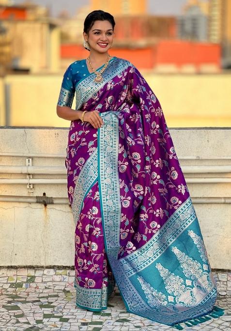 Blue Zari Woven Silk Blend Saree Set