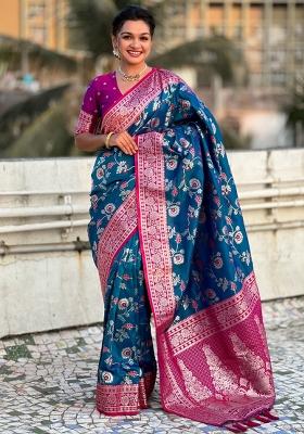 Purple Zari Woven Silk Blend Saree Set