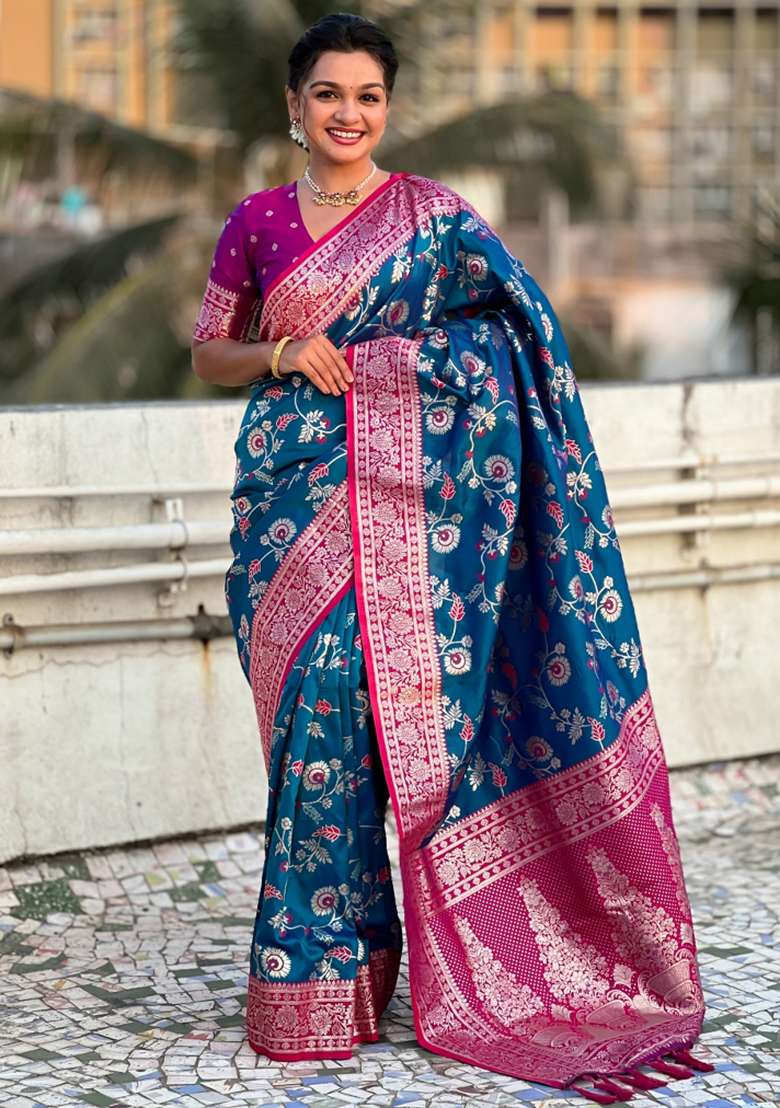 Purple Zari Woven Silk Blend Saree Set - Indya