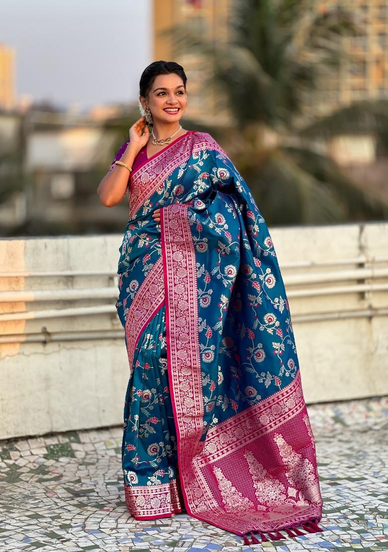 Purple Zari Woven Silk Blend Saree Set