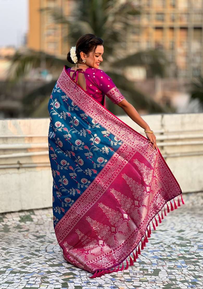 Purple Zari Woven Silk Blend Saree Set - Indya