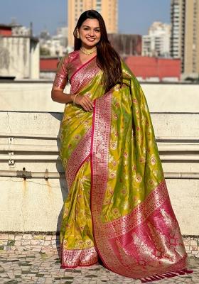 Burgundy Zari Woven Silk Blend Saree Set