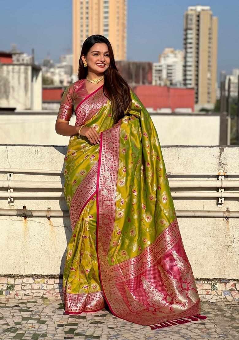 Burgundy Zari Woven Silk Blend Saree Set