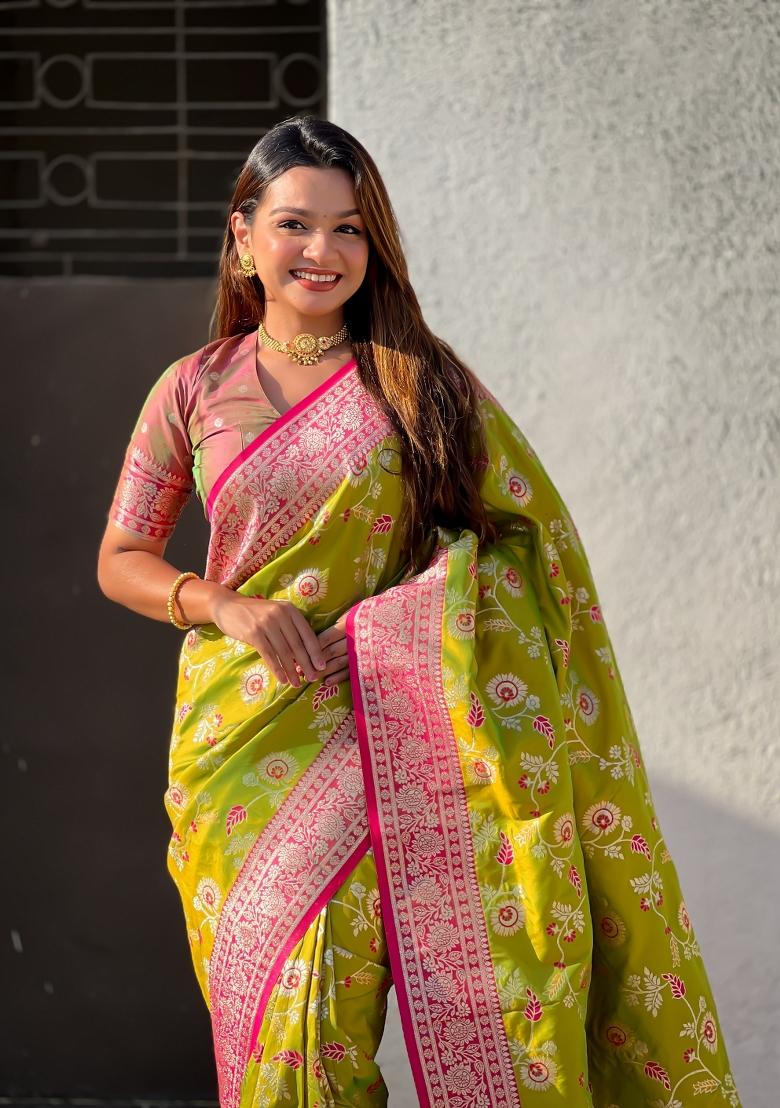 Burgundy Zari Woven Silk Blend Saree Set