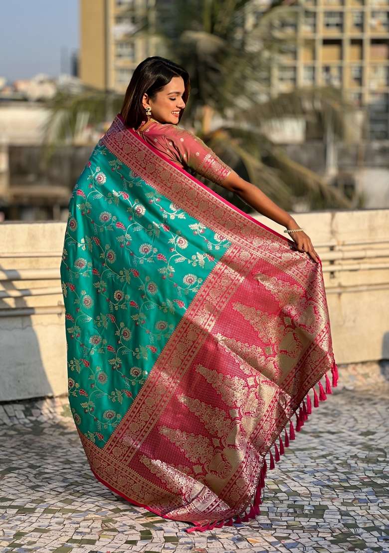 Cherry Red Zari Woven Silk Blend Saree Set for Diwali | Wedding & Festive Wear - Indya