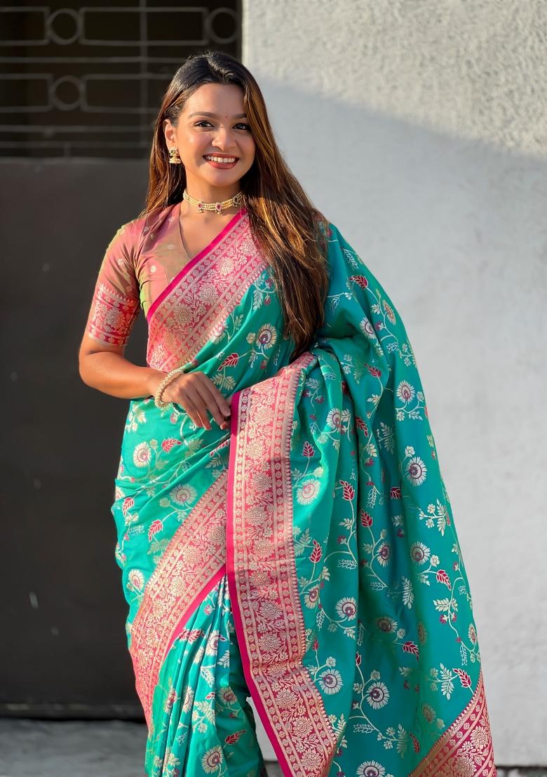 Cherry Red Zari Woven Silk Blend Saree Set