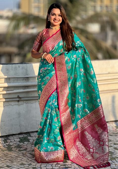 Cherry Red Zari Woven Silk Blend Saree Set