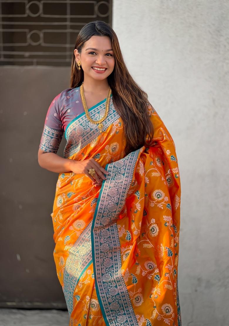 Grey Zari Woven Silk Blend Saree Set