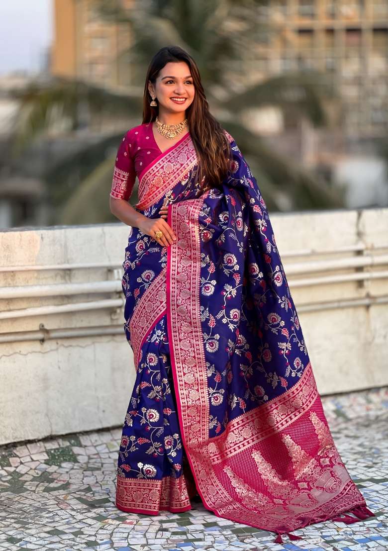 Cherry Red Zari Woven Silk Blend Saree Set - Indya